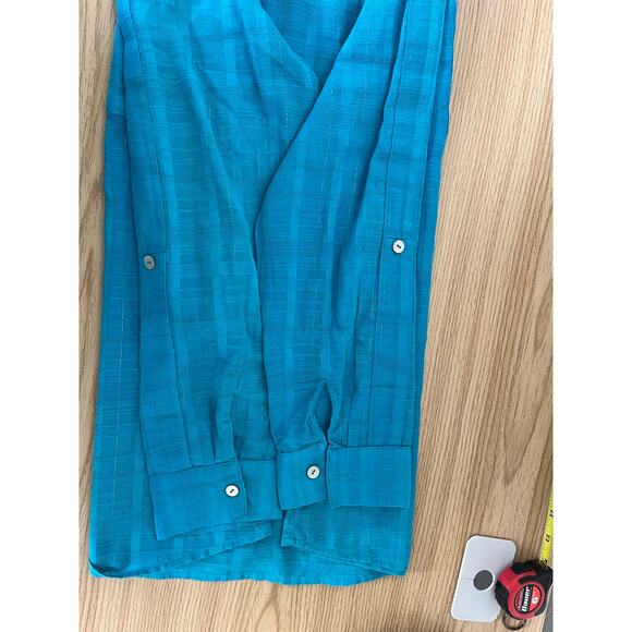 Additions by Chico Sz 1 Teal Woven Silver Threads Adjustable Long Sleeve Blouse - Picture 13 of 13
